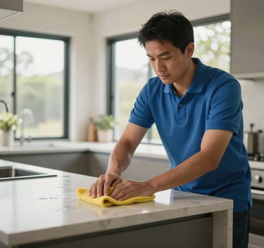 A professional cleaner in a blue polo shirt meticulously wiping down a kitchen bench in a modern Australian home, soft natural light through large windows.