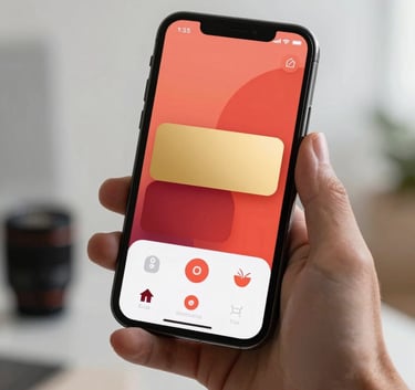 A close-up photograph of a sleek, modern smartphone held by a hand in a bright North American creative studio, displaying a vibrant and user-friendly mobile application interface with soft red and gold tones.