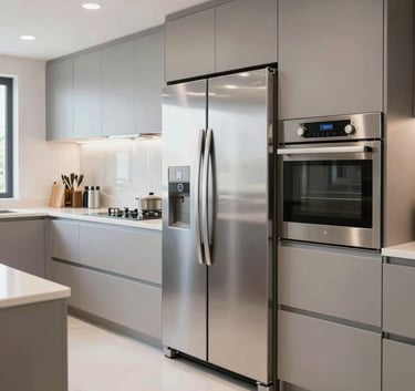 A clean, modern kitchen interior in a Dubai villa featuring high-end stainless steel refrigerators and ovens, bright and efficient lighting, Middle Eastern / Gulf.