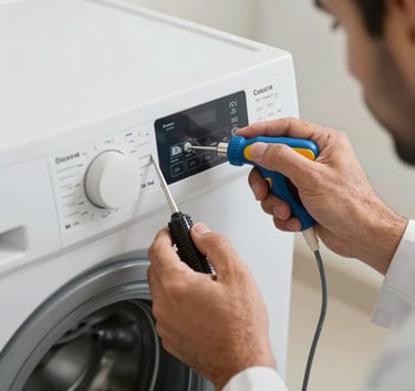 Close-up of a professional technician's hands using diagnostic tools on a modern washing machine control panel, clean setting, Middle Eastern / Gulf.