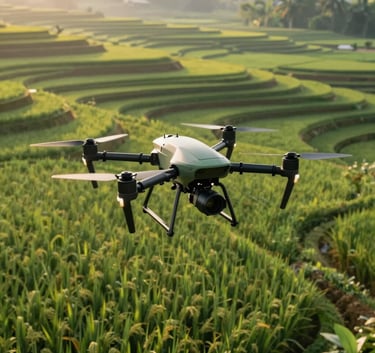 An advanced agricultural drone flying over lush green rice terraces in Southeast Asian / Indonesian landscape, early morning golden light, high-tech farming concept, dark green and sage color tones.