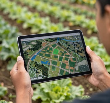 Close up of a Southeast Asian / Indonesian professional's hands holding a digital tablet displaying a 3D topographic farm map, background of organic vegetable fields in soft focus, bright natural lighting.