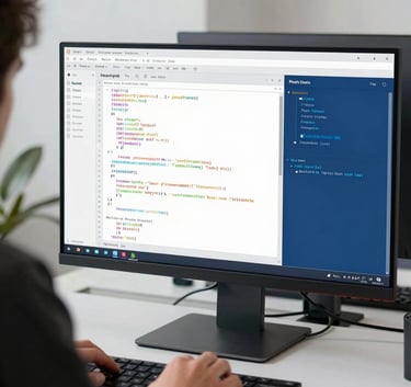 A professional software developer working in a clean, minimalist North American / US tech studio, with a focus on a high-resolution monitor displaying code in Pearl White and Steel Blue.