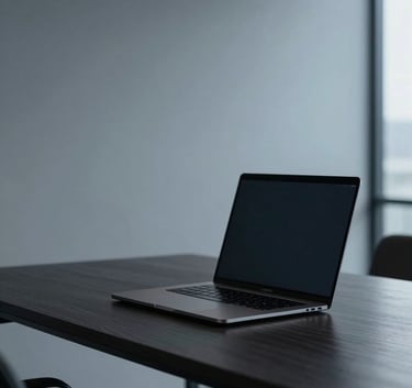 A minimalist, high-end workspace in a North American / US office featuring a sleek laptop on a dark wood desk, with soft Charcoal Black and Steel Blue ambient lighting.