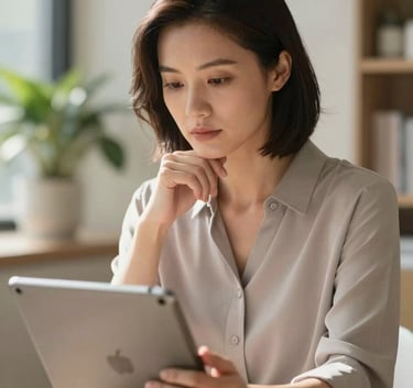 A professional woman in her early 30s, dressed in a Soft Mist colored blouse, looking thoughtfully at a tablet screen. She is in a sunlit room that feels like a modern wellness clinic.