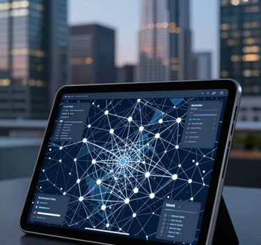 A close-up photograph of a sophisticated telecommunications tablet displaying a network map. The scene is set in a modern North American executive office with a background of blurred skyscrapers at twilight. Lighting is bright sky blue and navy.