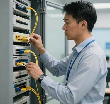 A professional North American technical engineer in business-casual attire working on a high-speed fiber optic patch panel. The composition is a medium shot with soft, natural daylight and sky blue accents.