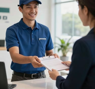 A professional courier in a slate blue uniform handing a secure document to a receptionist in a modern Brazilian corporate lobby, bright natural light, composition focused on the hand-off.