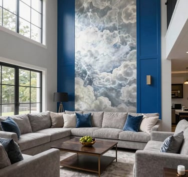 Wide shot of an elegant, climate-controlled living room in a North American / US home with high ceilings. The interior features Silver Cloud walls and Royal Blue decor accents, illuminated by soft natural light.