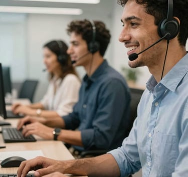 A professional South American / Brazilian customer service team working in a modern, open-plan office. They are wearing headsets and smiling, captured in a candid, high-quality photograph with natural lighting and a sense of dynamic energy.