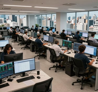 A wide-angle interior shot of a high-tech communication center in a bustling South American / Brazilian city. The scene features rows of organized workstations with ergonomic chairs, large monitors showing data trends, and a professional, quiet atmosphere.