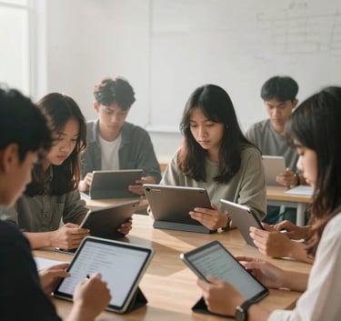A diverse group of ambitious Indonesian students using advanced digital tablets in a mist-colored minimalist learning space, soft morning light, professional photography style.