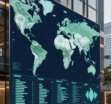 A sophisticated, modern technology hub in Jakarta, glowing with deep navy and sage teal holographic data visualizations and futuristic maps, sleek glass and steel environment.