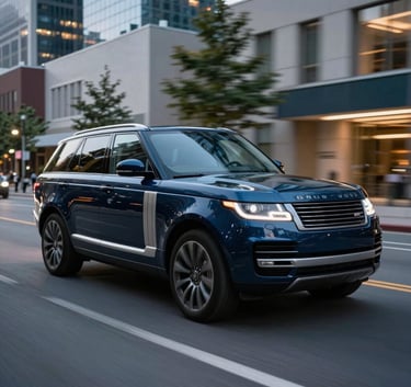 A sleek luxury SUV driving through a clean, modern North American city street at dusk, city lights reflecting on the polished dark blue paint, low angle shot.