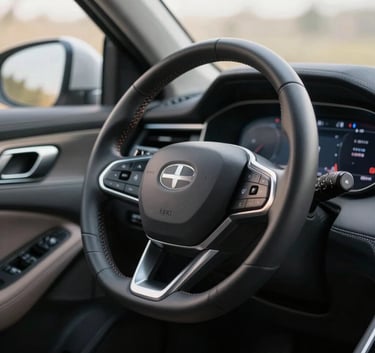 Interior view of a modern car's leather-wrapped steering wheel and digital dashboard, clean and sophisticated design, soft morning light in a North American setting.