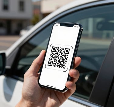 Close-up of a hand holding a sleek smartphone scanning a professional QR code decal on a car window. The background is a sunny North American street with modern architecture.