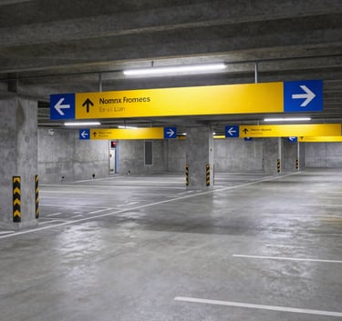 A wide shot of a modern, well-lit parking garage in a North American city, featuring clean concrete surfaces and bright yellow and blue directional signs.