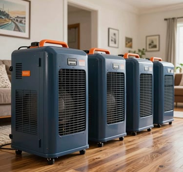 A row of professional industrial air movers and high-capacity dehumidifiers placed on a hardwood floor in a North American residential living room. Professional restoration equipment in dark blue and orange.