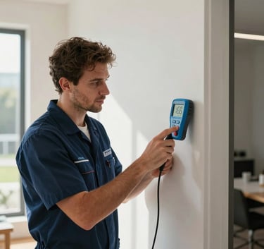 A professional restoration technician in a clean uniform using a high-grade digital moisture meter on a wall inside a modern North American home. Natural sunlight, dark blue and light blue brand colors visible in the scene.
