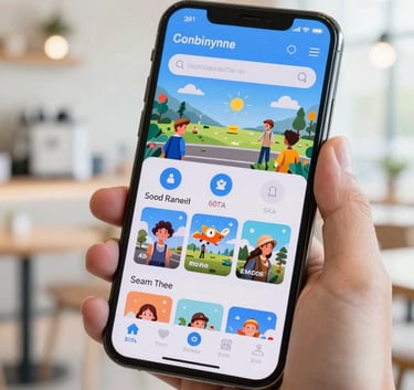 Close-up photography of a high-end smartphone screen held in a hand, displaying a polished and colorful mobile game interface. The background is a soft-focus modern cafe. Global / English-speaking. Bright light blue and off-white tones.