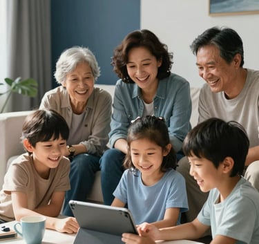 A candid shot of a multi-generational family laughing together in a modern, off-white living room while playing an engaging game on a tablet. Natural light streams in. Global / English-speaking setting with dark blue and pale blue decor elements.