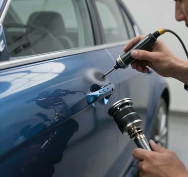 Macro photography of a professional technician in a clean workshop in North America, focusing on a car door being spray-painted with precision. The paint is a deep metallic blue, reflecting soft overhead lighting.