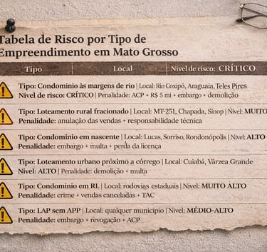 Representação visual dos níveis de risco e penalidades para empreendimentos em Mato Grosso relaciona