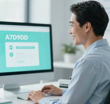 A professional and friendly psychologist sitting in a brightly lit, modern office with soft blue accents, looking at a screen with a supportive expression. The atmosphere is trustworthy and serene, incorporating #A7D9D3 tones.