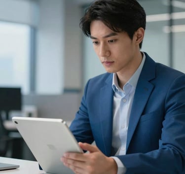 A professional in a modern North American / US office looking at a sleek tablet, Pearl Mist and Deep Ocean Blue lighting, clean and minimalist photography style.