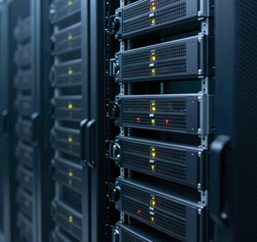 A high-tech North American / US data center environment, Soft Azure and Dark Navy lighting, soft depth of field focusing on hardware racks.