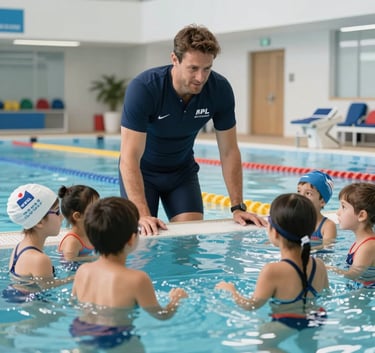 A professional swimming coach wearing a navy blue uniform calmly instructing a group of children at a pool. The setting is a modern European sports facility, conveying a warm and trustworthy atmosphere.
