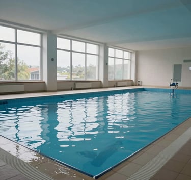 A professional wide-angle shot of a clean, bright indoor swimming pool in Central Europe. Large windows let in soft natural light, reflecting on the calm navy blue water. The atmosphere is quiet, safe, and professional.