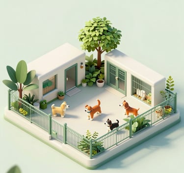 A 3D isometric view of a modern, clean animal shelter filled with greenery and sunlight. Stylized 3D dogs are seen playing and resting. The color palette uses #9BB4A6 and #F8F9F3 to create a trustworthy and serene atmosphere.