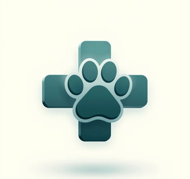 A modern 3D floating icon of a medical cross merging with a paw print, surrounded by soft glowing light. The design is sleek and professional, utilizing #4F6C5B and #9BB4A6, set against a clean off-white background.