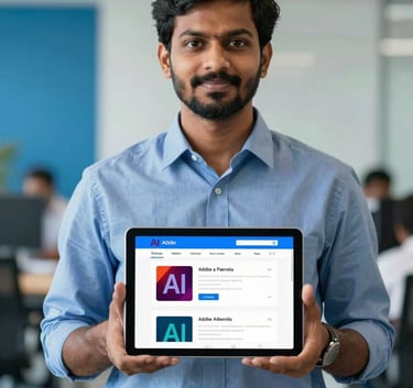 A professional portrait of a technical expert in a modern Tamil Nadu office setting, holding a tablet showing Adobe product pages, background featuring corporate elements in #1F3F6B and #507DA4.