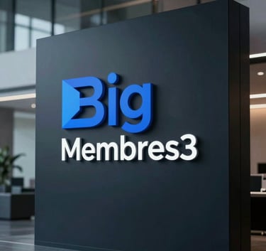 A high-tech IT company logo display for 'Big Membres' in a corporate lobby, featuring a dark blue and black color palette (#0A1429), sophisticated cinematic lighting, reflecting professional excellence and modern technology.