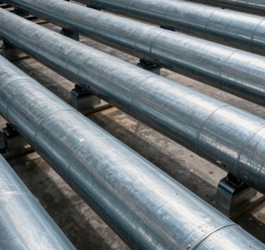 A professional wide-angle shot of a modern industrial facility featuring organized rows of large galvanized steel air ducts. The surfaces reflect a soft grayish blue and deep navy palette under crisp studio lighting.