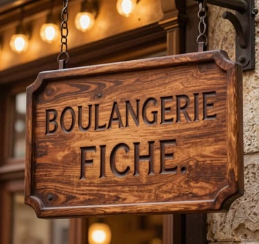 A rustic wooden sign with the words BOULANGERIE FICHE elegantly engraved in dark chocolate brown wood, hanging outside a charming French storefront decorated with warm golden lights.