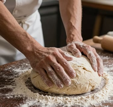 Detailed photography of a baker's hands dusted with flour, shaping a large loaf of rustic dough on a dark chocolate brown wooden surface in a workshop in France, warm lighting.