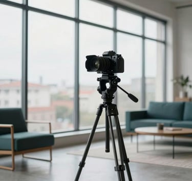 A professional creator recording a video course in a bright, modern US loft with floor-to-ceiling windows, high-tech camera on a tripod, minimalist furniture, charcoal and teal accents.