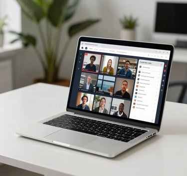 A sleek silver laptop on a minimalist white desk showing a sophisticated e-learning dashboard with video modules, in a bright North American office space, sage green plants in the background.