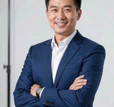 A professional portrait of a marketing expert in a royal blue suit, smiling confidently in a modern studio with soft white lighting.