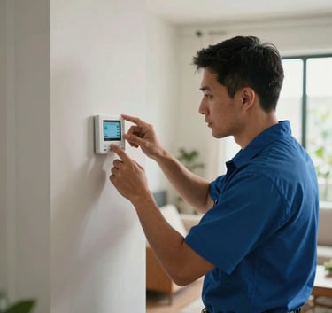 A professional HVAC technician in a clean uniform inspecting a wall-mounted smart thermostat in a modern North American / US / Miami home interior, soft natural light, tech-focused mood.