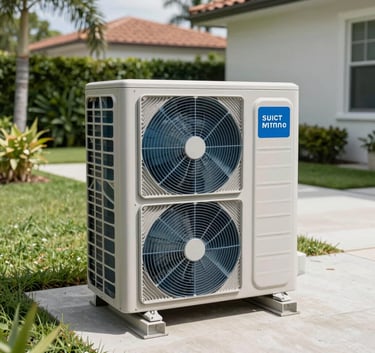 A high-end modern outdoor central air conditioning unit installed on a concrete pad in a sunny North American / US / Miami residential yard, bright daylight, clean engineering aesthetic, palette colors of cool blue and silver.