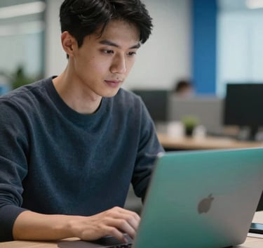A professional software developer in a modern North American / US office setting, using a high-end laptop with Muted Teal light reflections, background with Steel Blue accents.