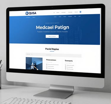 A clean, minimalist desk in a North American / US office with a large monitor showing a professional website layout, featuring a Pale Blue and Steel Blue color scheme.