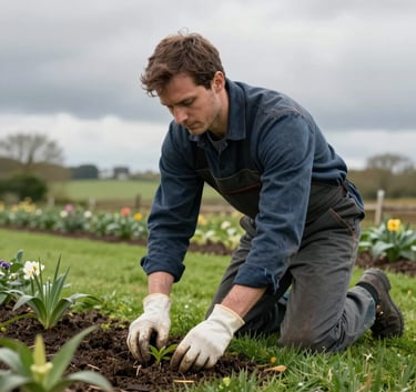 A professional gardener tending to a neat lawn in a cloudy countryside setting, Europeu / Britânico