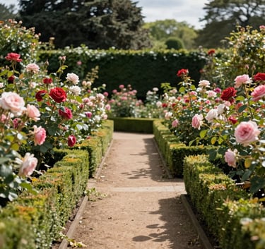 A classic English garden path with blooming roses and well-maintained green hedges, sunny afternoon, Europeu / Britânico