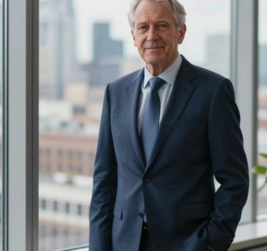 A professional portrait of a senior consultant in a British office setting, standing by a window with a soft-focus cityscape behind, wearing a navy suit, exuding expertise and trust.