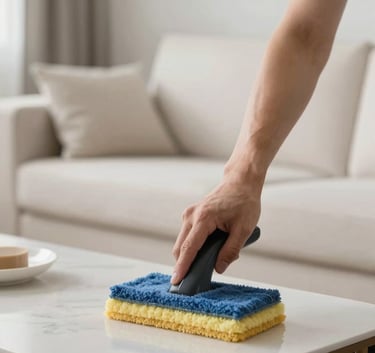 A close-up of a bright and airy living room interior, showing a spotless coffee table and mist white sofa, suggesting high-quality residential cleaning services.